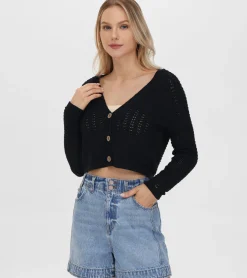 Cropped Crochet V-Neck Cardigan