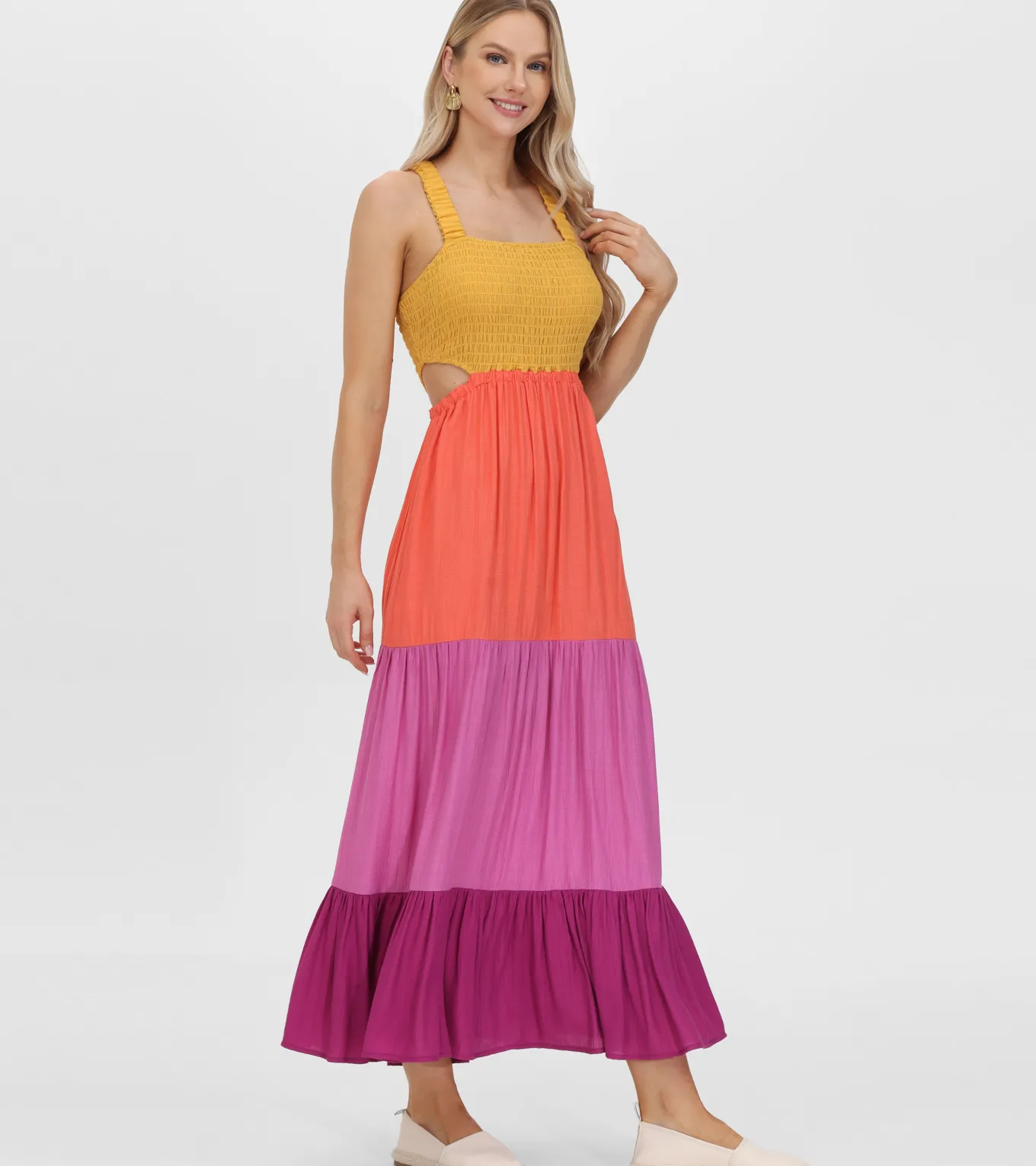 Smocked Color Block Maxi Dress