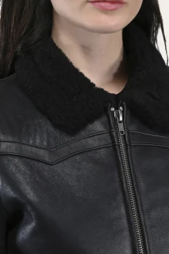 Women's Leather Jacket With Sherling Collar And Cuffs
