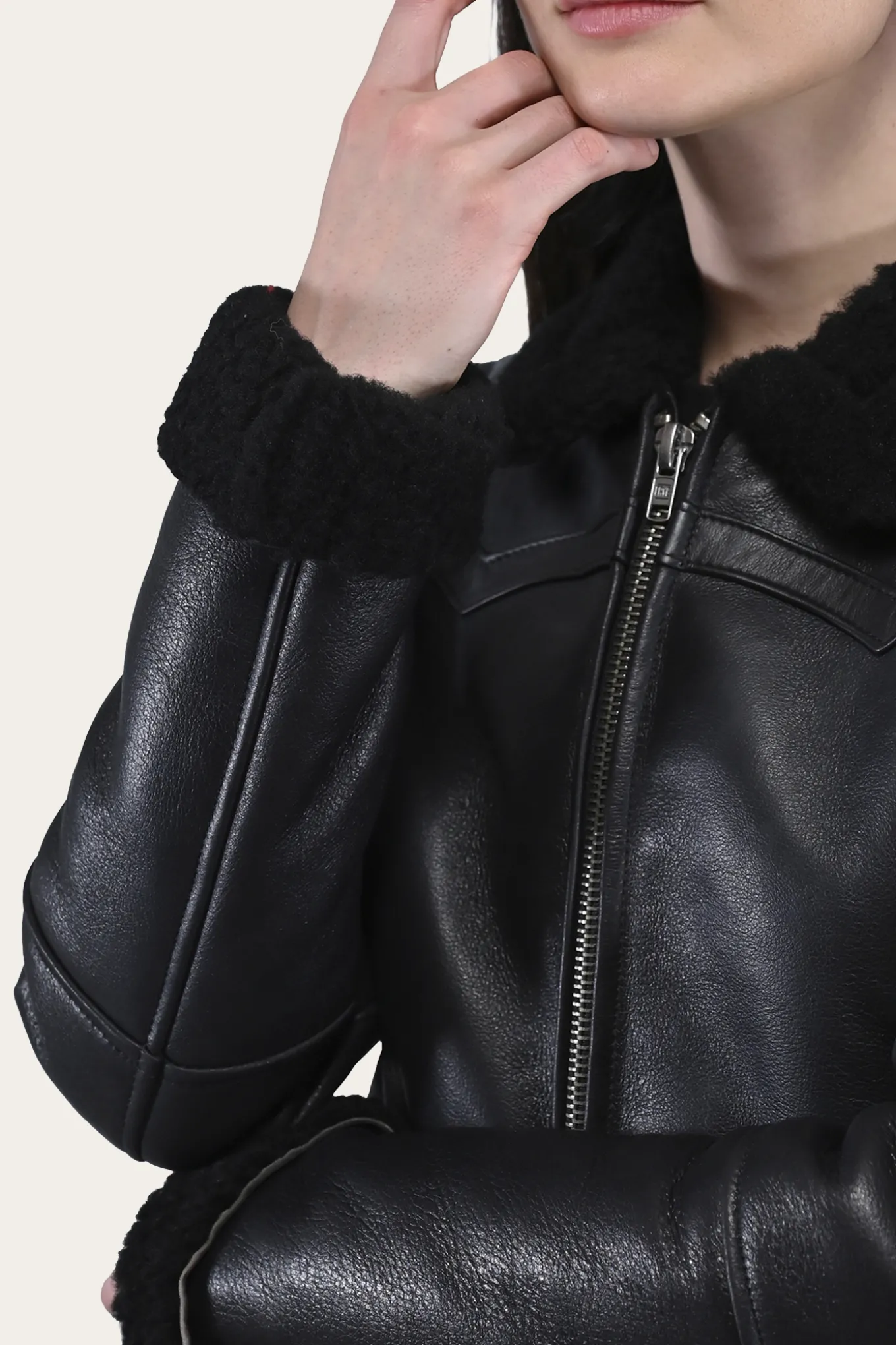 Women's Leather Jacket With Sherling Collar And Cuffs