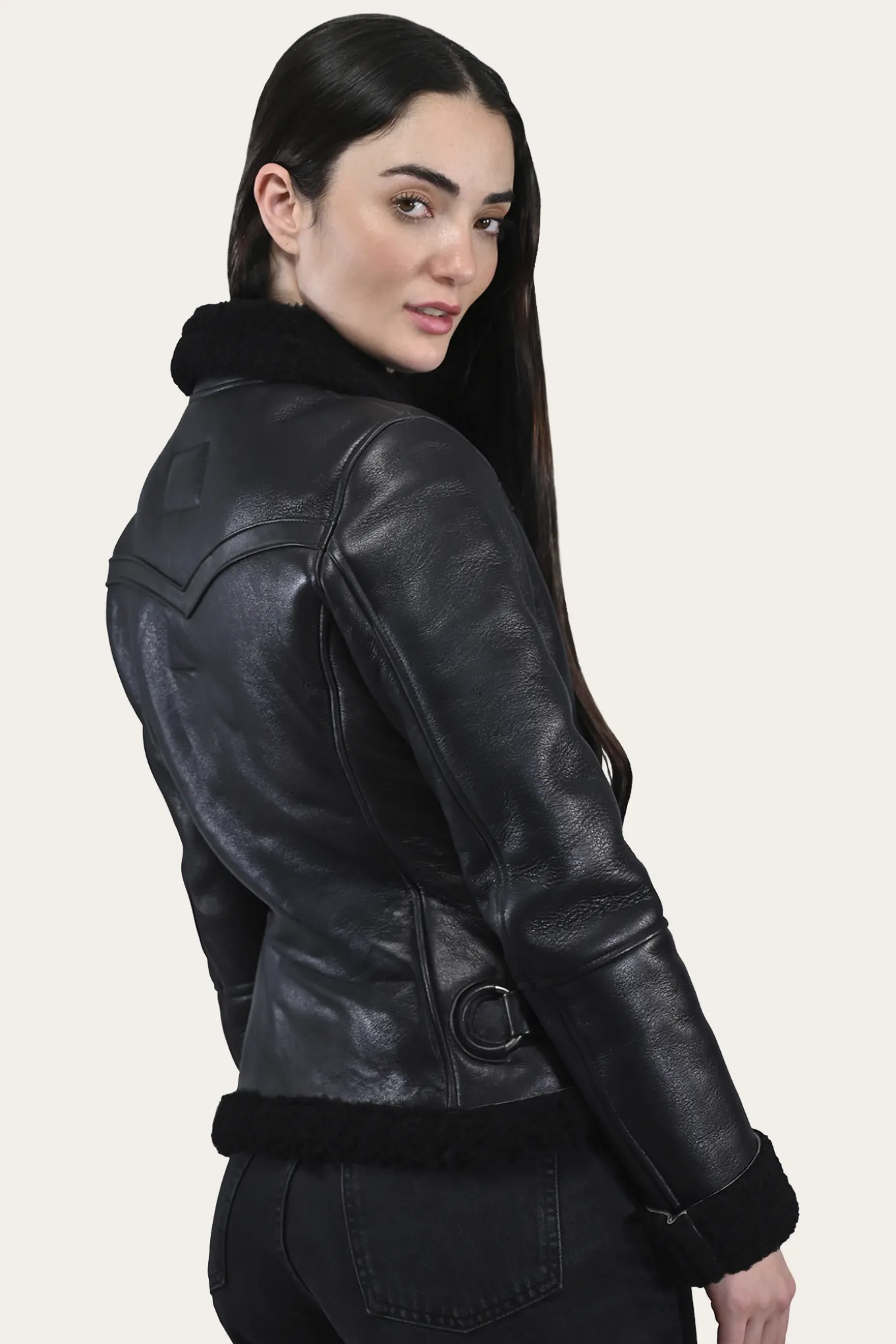 Women's Leather Jacket With Sherling Collar And Cuffs